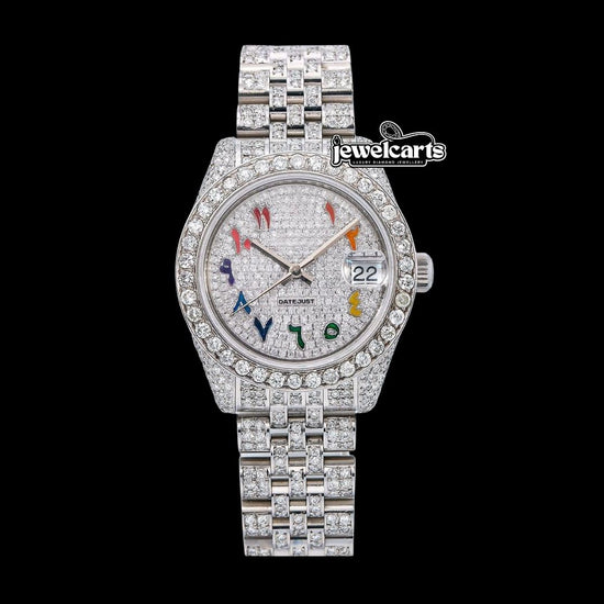 Rolex Datejust Diamond Paved Rainbow Arabic Dial Diamond Bezel Full Iced Out Jubilee Bracelet Moissanite Watch Front View