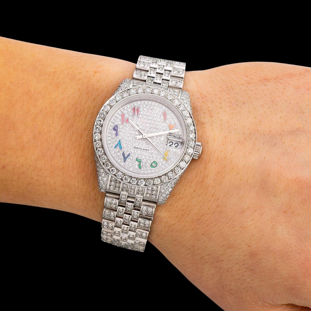 Rolex Datejust Diamond Paved Rainbow Arabic Dial Diamond Bezel Full Iced Out Jubilee Bracelet Moissanite Watch On Wrist View