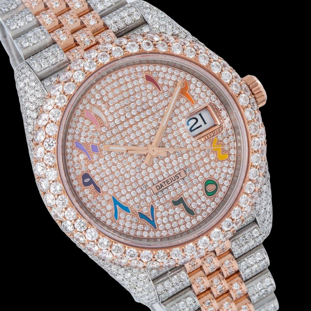 Rolex Datejust Diamond Paved Rainbow Arabic Dial Diamond Bezel Two Tone Rose Gold Fully Iced Oyster Bracelet Watch Close Up Dial View