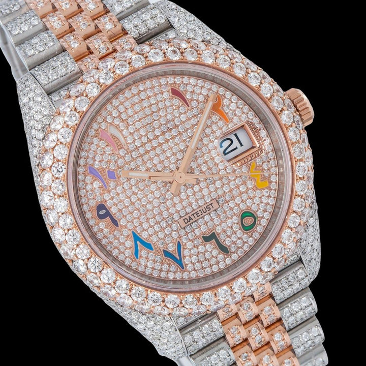 Rolex Datejust Diamond Paved Rainbow Arabic Dial Diamond Bezel Two Tone Rose Gold Fully Iced Oyster Bracelet Watch Close Up Dial View