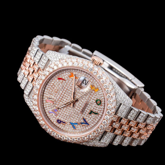 Rolex Datejust Diamond Paved Rainbow Arabic Dial Diamond Bezel Two Tone Rose Gold Fully Iced Oyster Bracelet Watch Close Up Front View