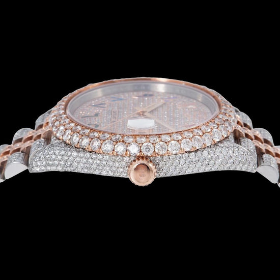 Rolex Datejust Diamond Paved Rainbow Arabic Dial Diamond Bezel Two Tone Rose Gold Fully Iced Oyster Bracelet Watch Crown View