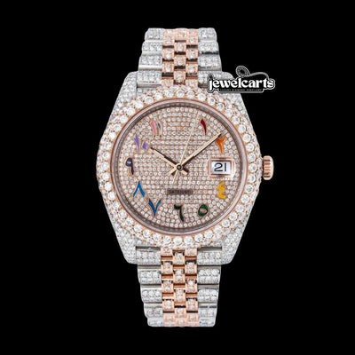 Rolex Datejust Diamond Paved Rainbow Arabic Dial Diamond Bezel Two Tone Rose Gold Fully Iced Oyster Bracelet Watch