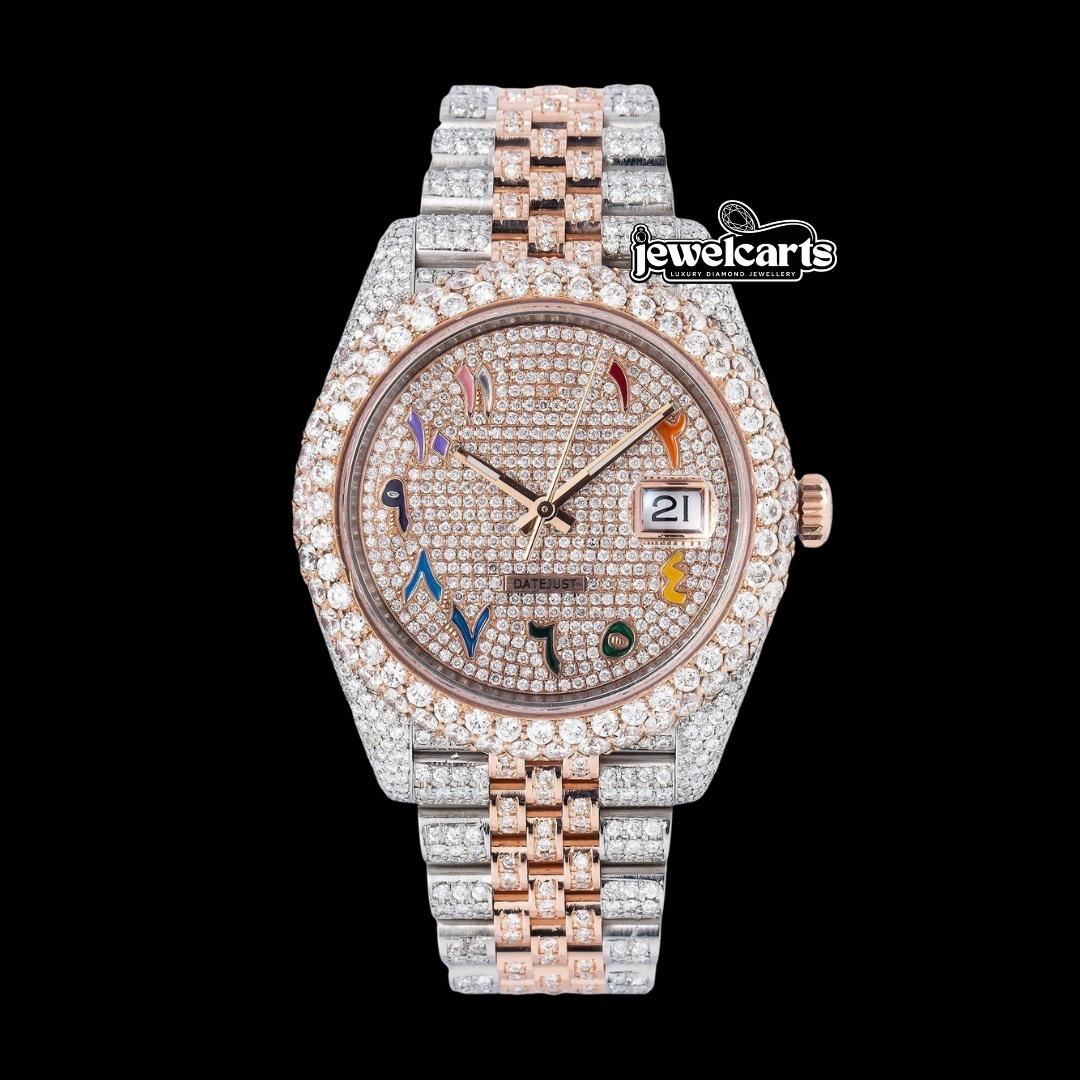 Rolex Datejust Diamond Paved Rainbow Arabic Dial Diamond Bezel Two Tone Rose Gold Fully Iced Oyster Bracelet Watch Front View