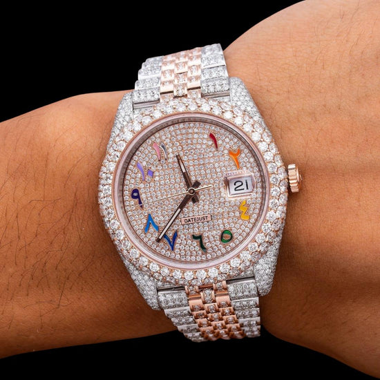 Rolex Datejust Diamond Paved Rainbow Arabic Dial Diamond Bezel Two Tone Rose Gold Fully Iced Oyster Bracelet Watch On Wrist View