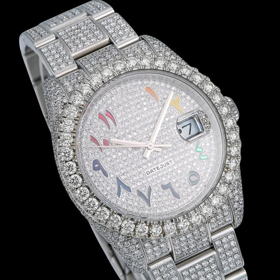 Rolex Datejust Diamond Paved Rainbow Arabic Dial Oyster Bracelet Fully Iced Out Moissanite Watch Close Up Dial View