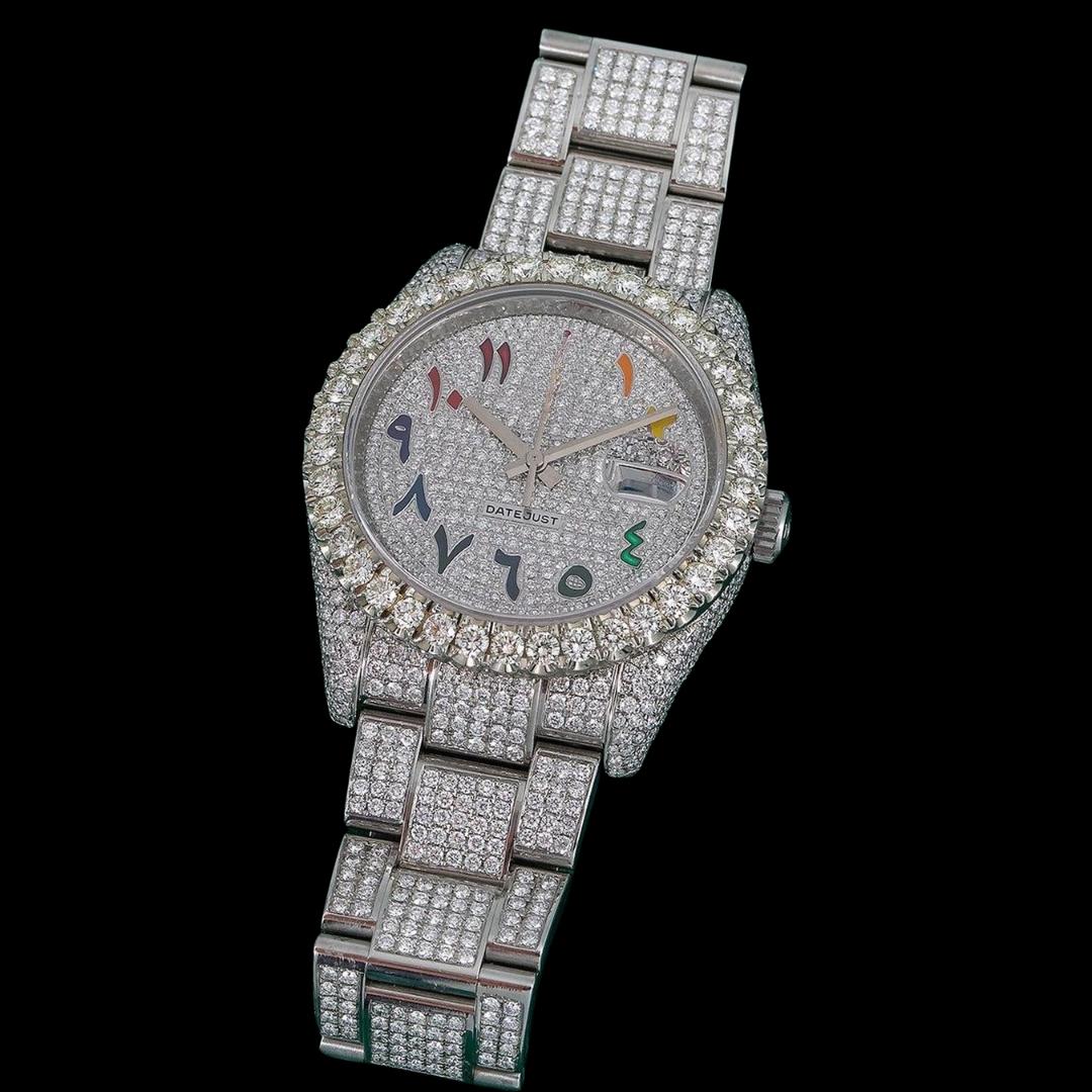 Rolex Datejust Diamond Paved Rainbow Arabic Dial Oyster Bracelet Fully Iced Out Moissanite Watch Close Up Front View