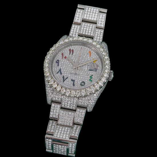 Rolex Datejust Diamond Paved Rainbow Arabic Dial Oyster Bracelet Fully Iced Out Moissanite Watch Close Up Front View