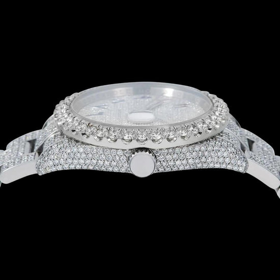 Rolex Datejust Diamond Paved Rainbow Arabic Dial Oyster Bracelet Fully Iced Out Moissanite Watch Crown View