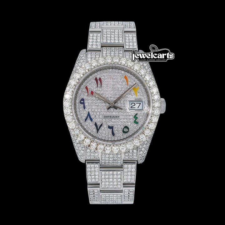 Rolex Datejust Diamond Paved Rainbow Arabic Dial Oyster Bracelet Fully Iced Out Moissanite Watch Front View