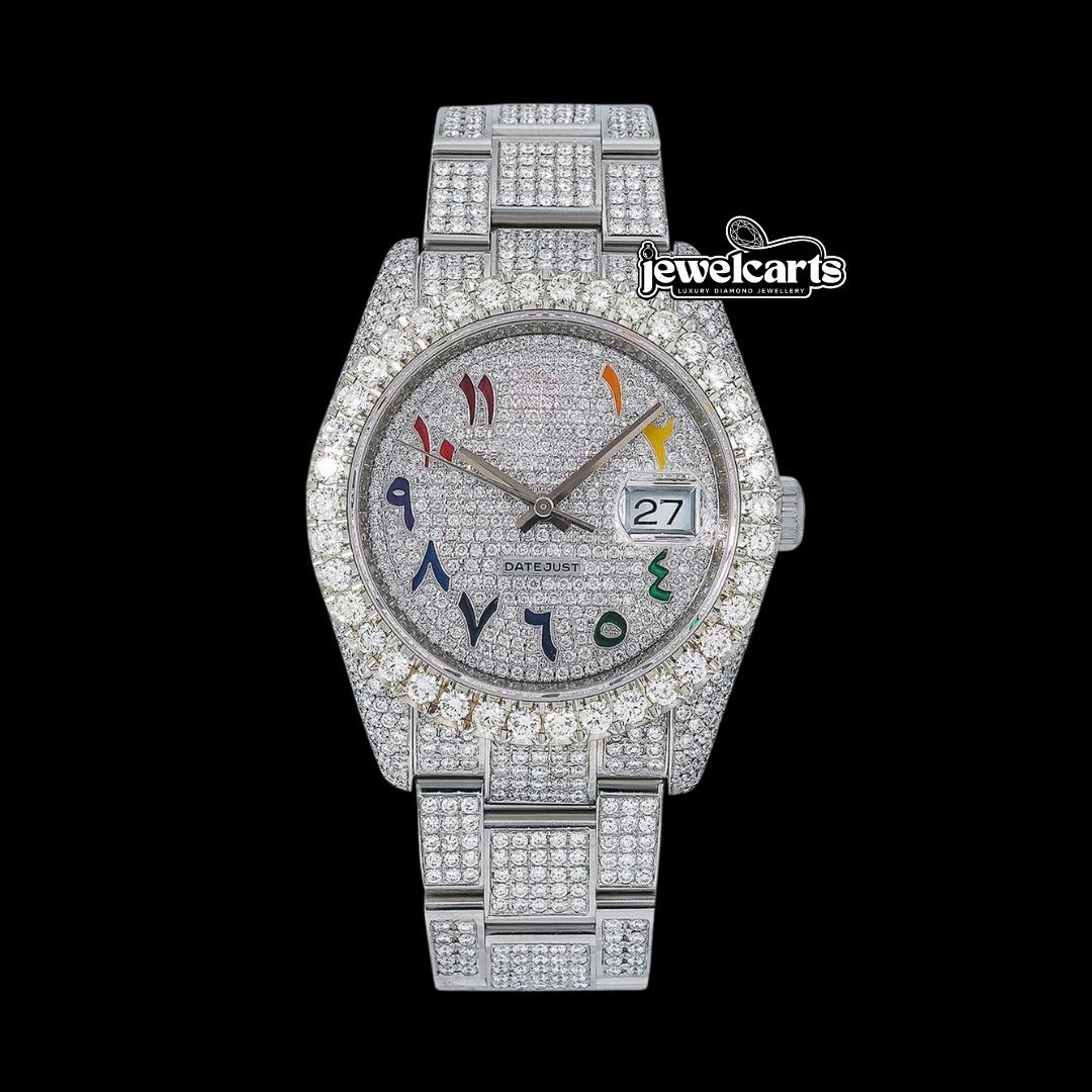 Rolex Datejust Diamond Paved Rainbow Arabic Dial Oyster Bracelet Fully Iced Out Moissanite Watch Front View