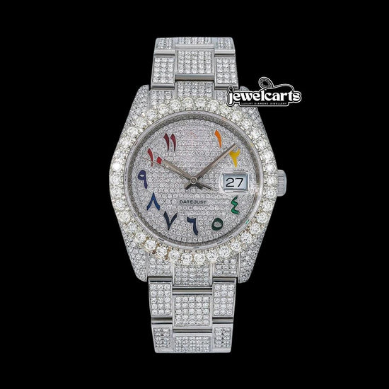 Rolex Datejust Diamond Paved Rainbow Arabic Dial Oyster Bracelet Fully Iced Out Moissanite Watch Front View