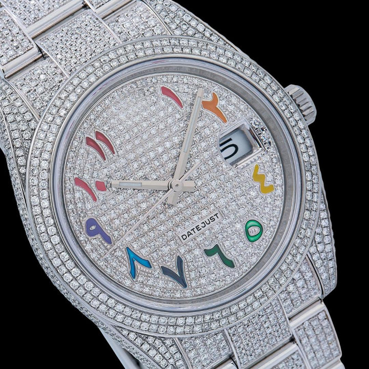 Rolex Datejust Diamond Paved Rainbow Arabic Dial Oyster Strap Fully Iced Out Moissanite Watch Close Up Dial View