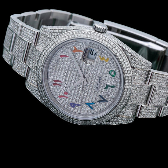 Rolex Datejust Diamond Paved Rainbow Arabic Dial Oyster Strap Fully Iced Out Moissanite Watch Close Up Front View