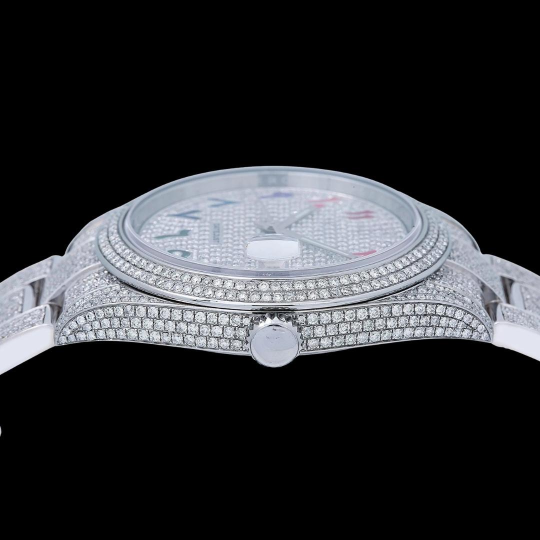 Rolex Datejust Diamond Paved Rainbow Arabic Dial Oyster Strap Fully Iced Out Moissanite Watch Crown View