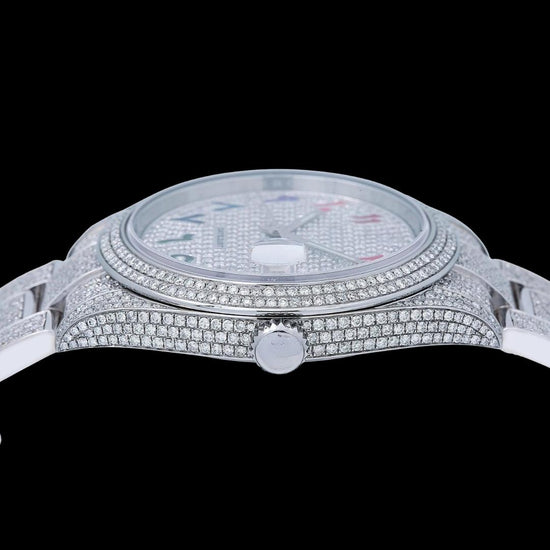 Rolex Datejust Diamond Paved Rainbow Arabic Dial Oyster Strap Fully Iced Out Moissanite Watch Crown View