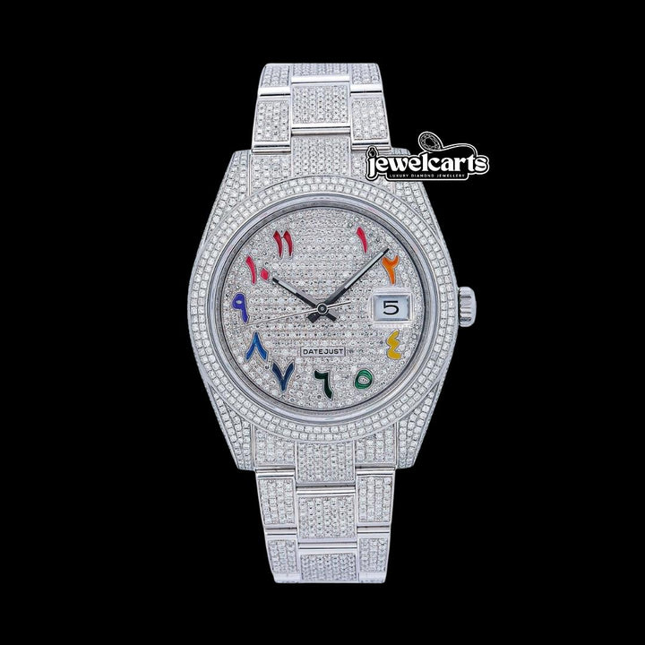 Rolex Datejust Diamond Paved Rainbow Arabic Dial Oyster Strap Fully Iced Out Moissanite Watch Front View