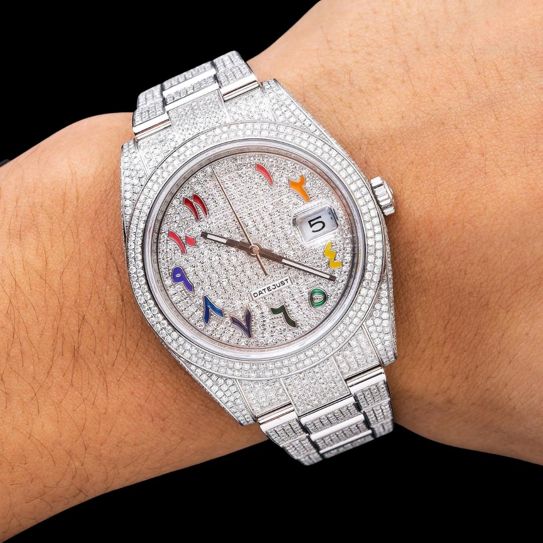 Rolex Datejust Diamond Paved Rainbow Arabic Dial Oyster Strap Fully Iced Out Moissanite Watch On Wrist View