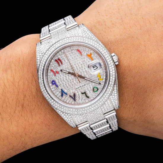 Rolex Datejust Diamond Paved Rainbow Arabic Dial Oyster Strap Fully Iced Out Moissanite Watch On Wrist View