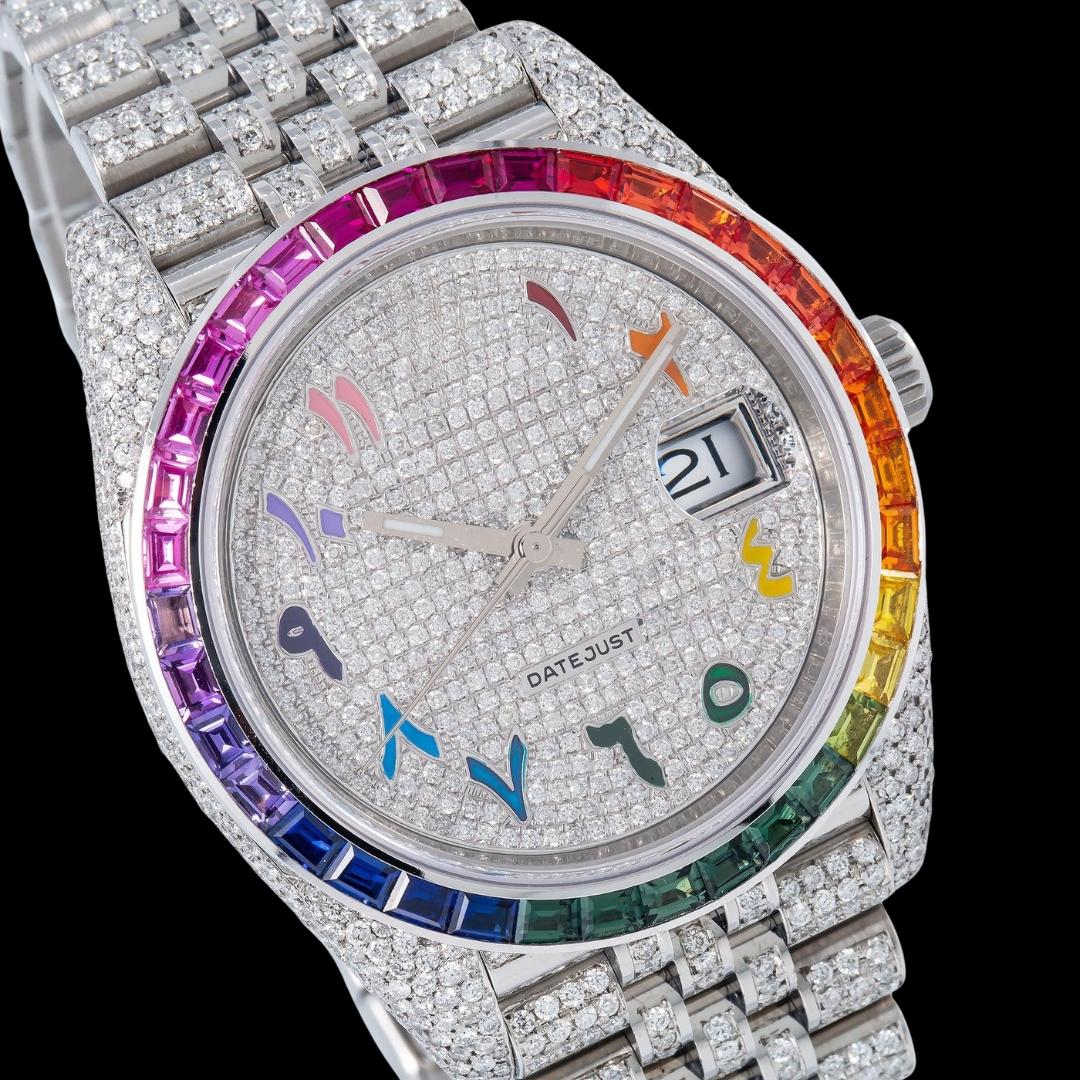 Rolex Datejust Diamond Paved Rainbow Arabic Dial Rainbow Bezel Fully Iced Out Jubilee Bracelet Moissanite Watch Close Up Dial View