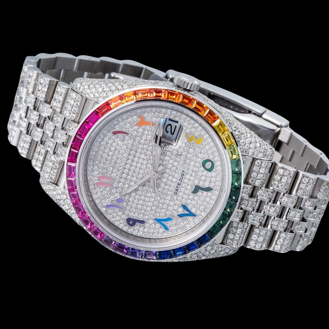 Rolex Datejust Diamond Paved Rainbow Arabic Dial Rainbow Bezel Fully Iced Out Jubilee Bracelet Moissanite Watch Close Up Front View