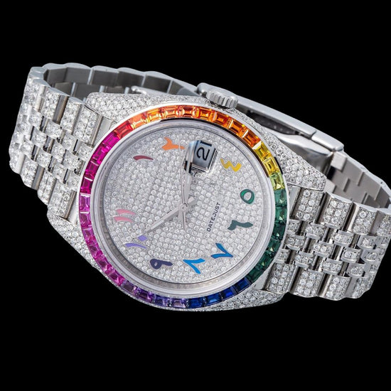 Rolex Datejust Diamond Paved Rainbow Arabic Dial Rainbow Bezel Fully Iced Out Jubilee Bracelet Moissanite Watch Close Up Front View