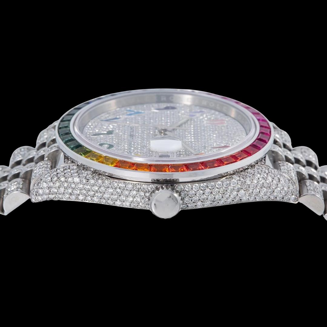 Rolex Datejust Diamond Paved Rainbow Arabic Dial Rainbow Bezel Fully Iced Out Jubilee Bracelet Moissanite Watch Crown View