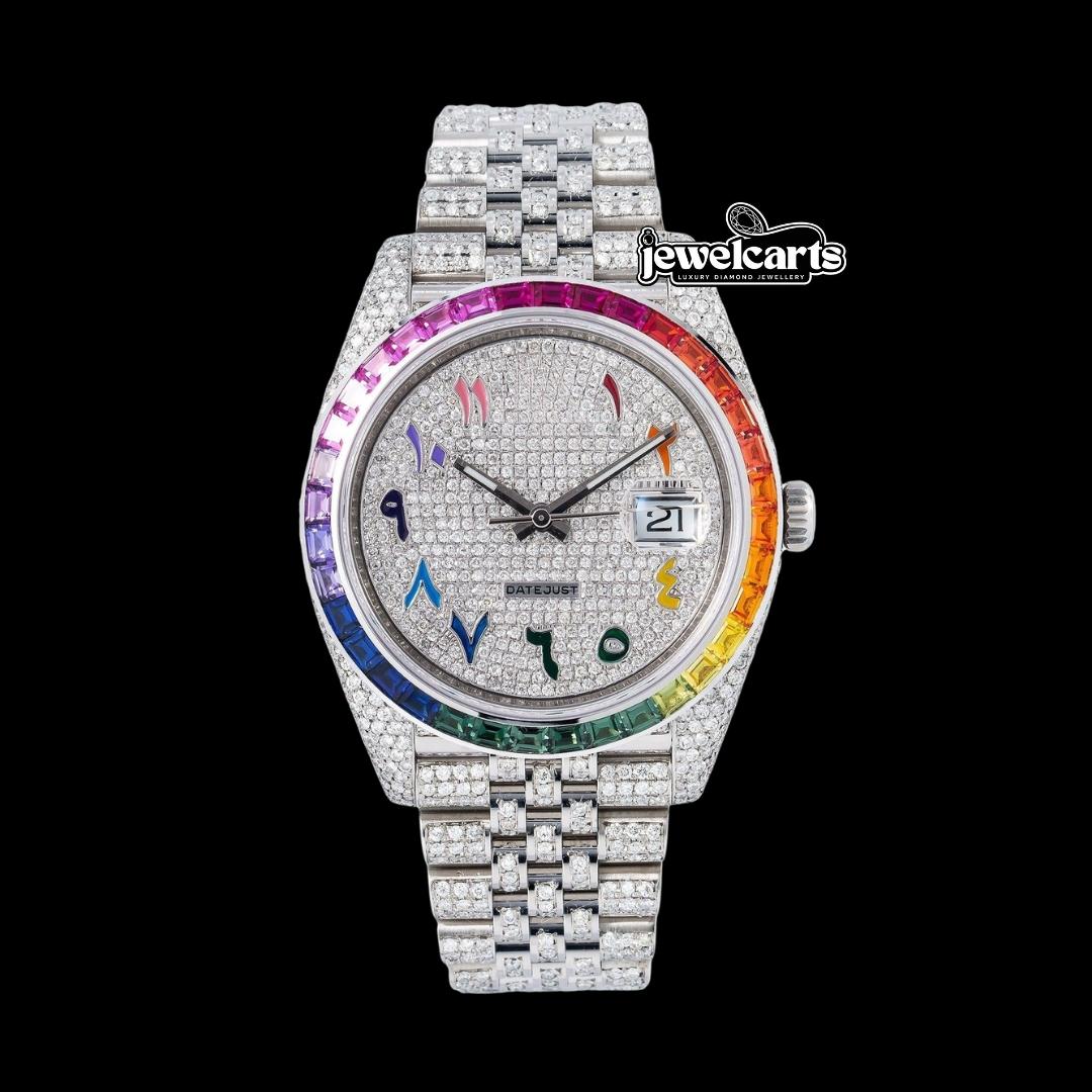 Rolex Datejust Diamond Paved Rainbow Arabic Dial Rainbow Bezel Fully Iced Out Jubilee Bracelet Moissanite Watch Front View