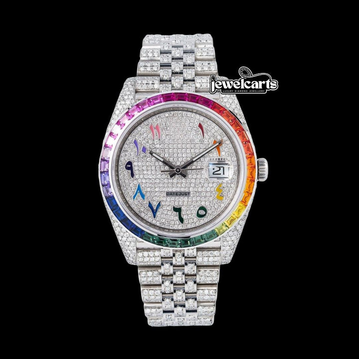 Rolex Datejust Diamond Paved Rainbow Arabic Dial Rainbow Bezel Fully Iced Out Jubilee Bracelet Moissanite Watch Front View