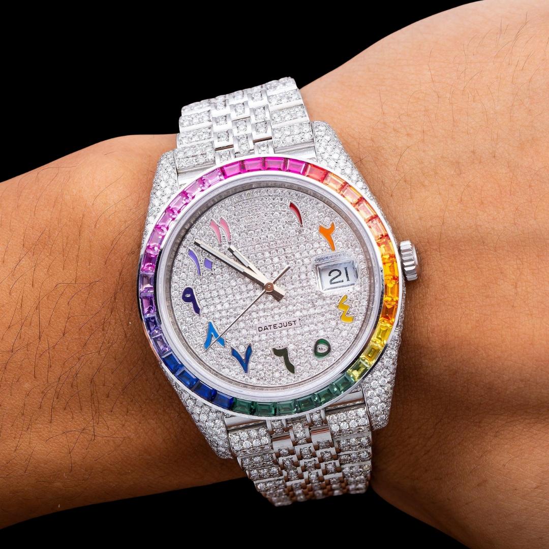 Rolex Datejust Diamond Paved Rainbow Arabic Dial Rainbow Bezel Fully Iced Out Jubilee Bracelet Moissanite Watch On Wrist View