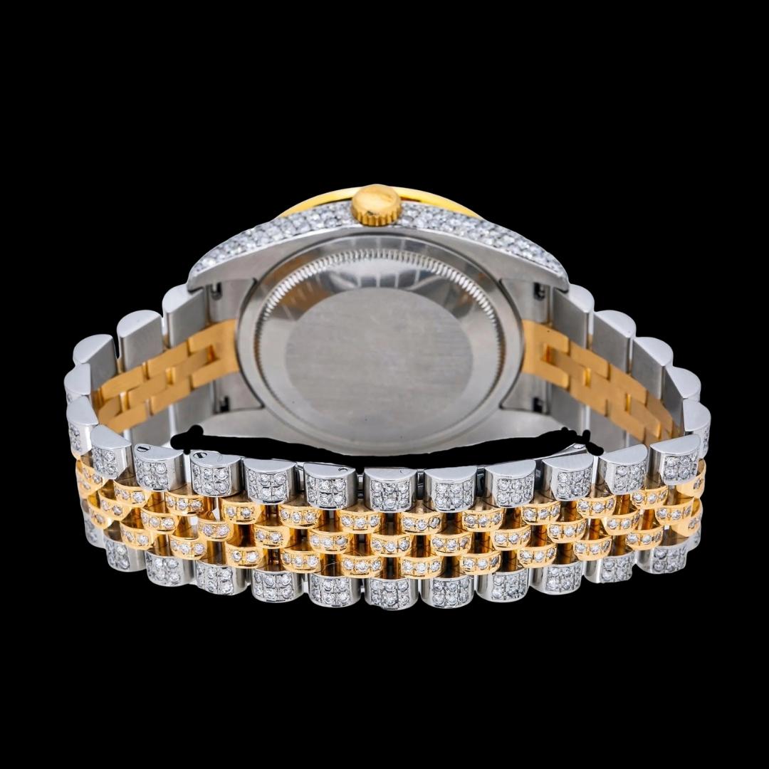 Rolex Datejust Diamond Paved Rainbow Arabic Dial Rainbow Bezel Two Tone Yellow Gold Jubilee Bracelet Moissanite Watch Caseback View