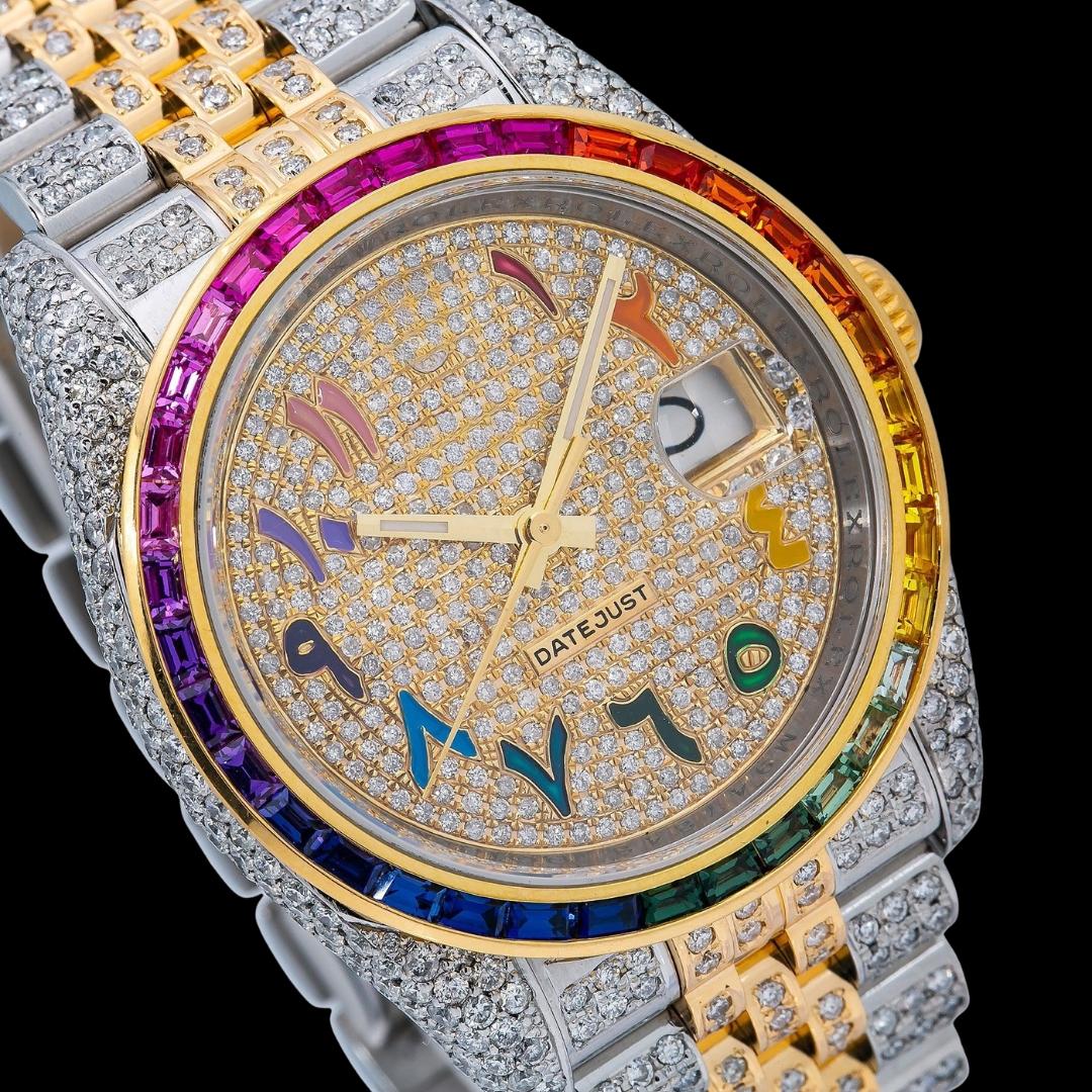 Rolex Datejust Diamond Paved Rainbow Arabic Dial Rainbow Bezel Two Tone Yellow Gold Jubilee Bracelet Moissanite Watch Close Up Dial View