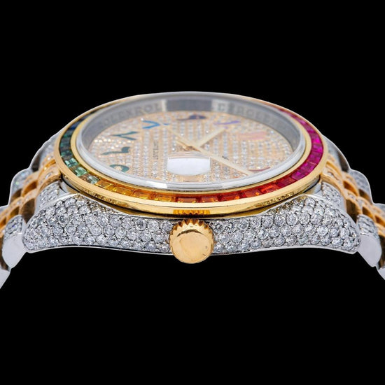 Rolex Datejust Diamond Paved Rainbow Arabic Dial Rainbow Bezel Two Tone Yellow Gold Jubilee Bracelet Moissanite Watch Crown View