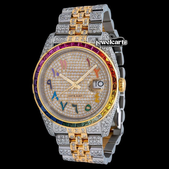 Rolex Datejust Diamond Paved Rainbow Arabic Dial Rainbow Bezel Two Tone Yellow Gold Jubilee Bracelet Moissanite Watch Front View
