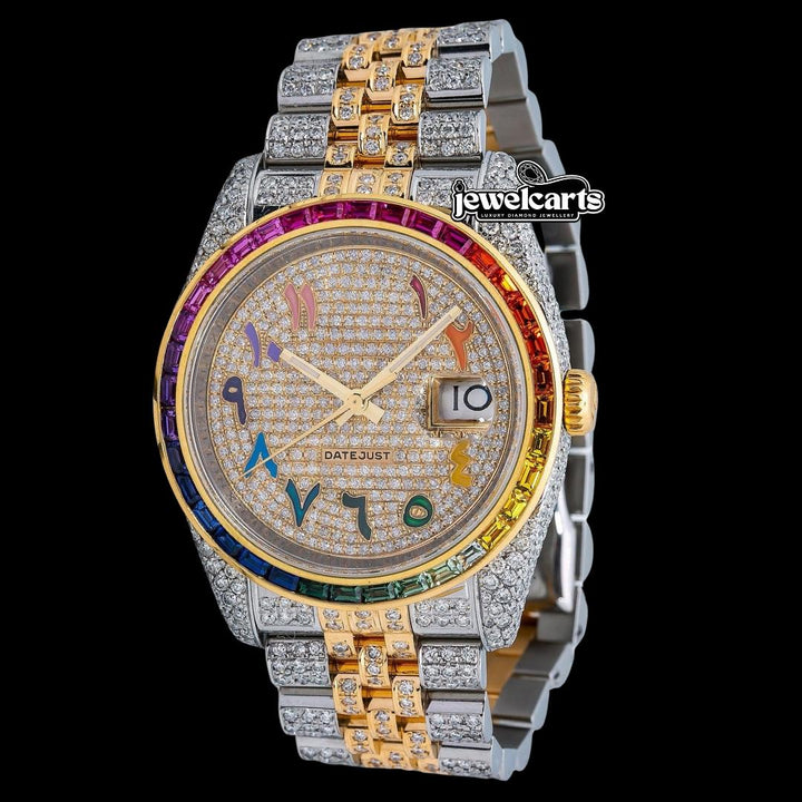 Rolex Datejust Diamond Paved Rainbow Arabic Dial Rainbow Bezel Two Tone Yellow Gold Jubilee Bracelet Moissanite Watch Front View