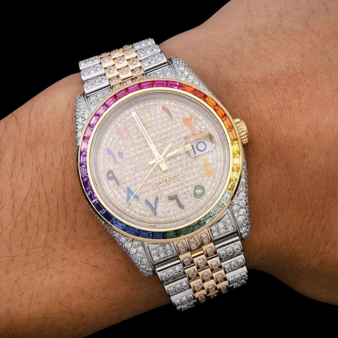 Rolex Datejust Diamond Paved Rainbow Arabic Dial Rainbow Bezel Two Tone Yellow Gold Jubilee Bracelet Moissanite Watch On Wrist View