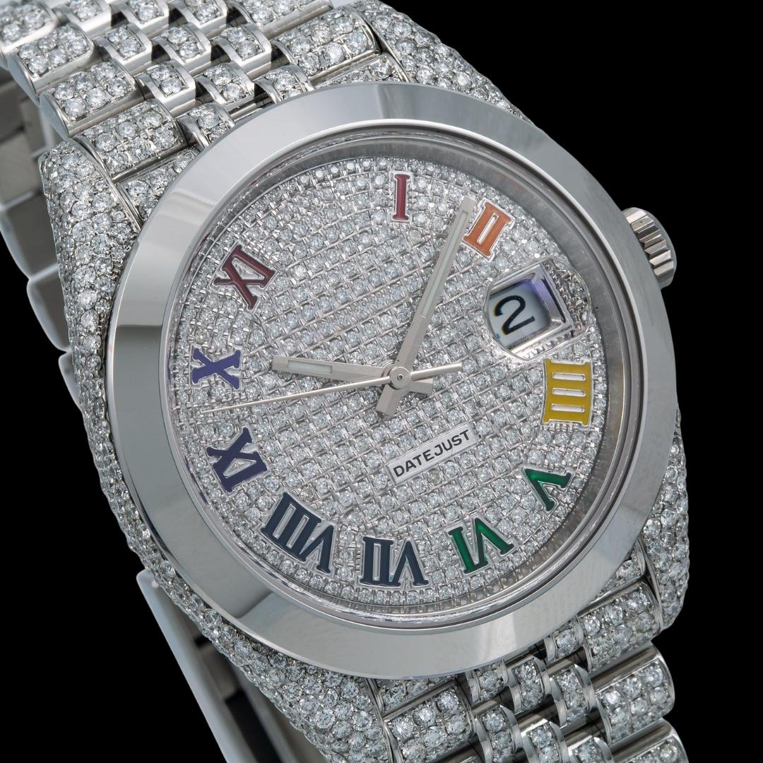Rolex Datejust Diamond Paved Rainbow Roman Dial Smooth Bezel Fully Iced Out Jubilee Bracelet Moissanite Watch Close Up Dial View