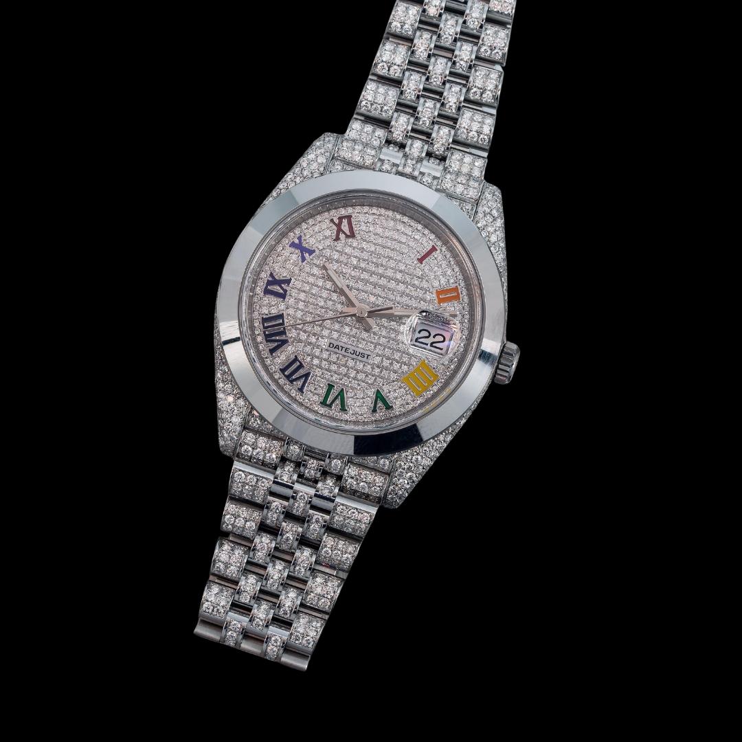 Rolex Datejust Diamond Paved Rainbow Roman Dial Smooth Bezel Fully Iced Out Jubilee Bracelet Moissanite Watch Close Up Front View