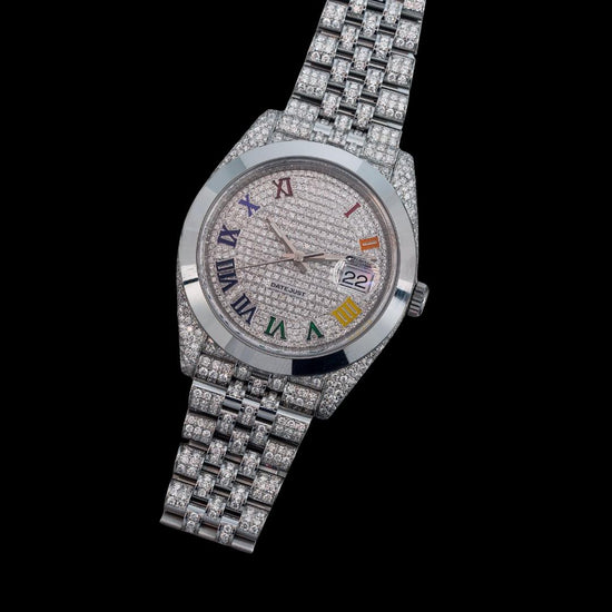 Rolex Datejust Diamond Paved Rainbow Roman Dial Smooth Bezel Fully Iced Out Jubilee Bracelet Moissanite Watch Close Up Front View