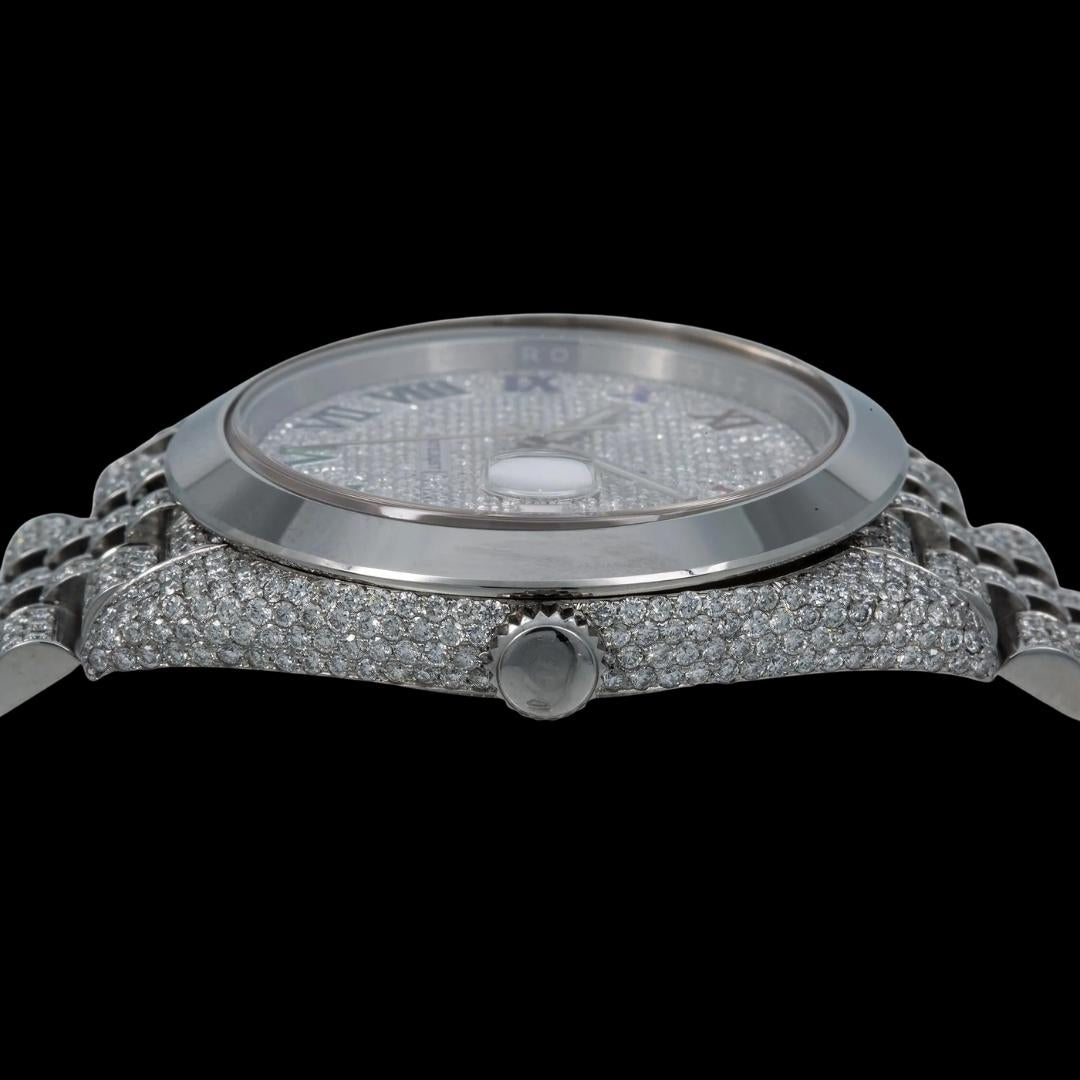 Rolex Datejust Diamond Paved Rainbow Roman Dial Smooth Bezel Fully Iced Out Jubilee Bracelet Moissanite Watch Crown View