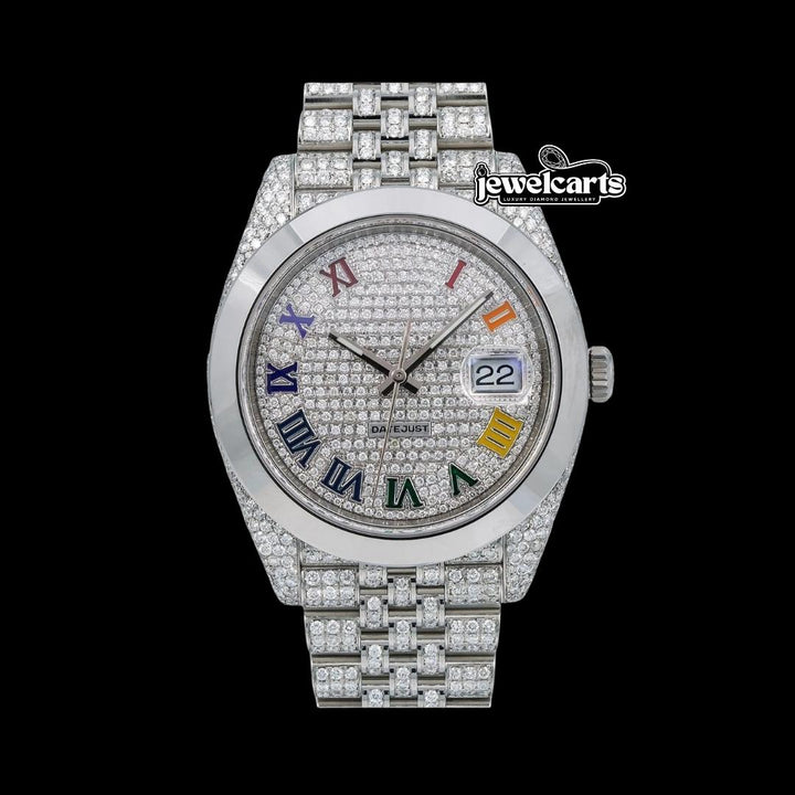 Rolex Datejust Diamond Paved Rainbow Roman Dial Smooth Bezel Fully Iced Out Jubilee Bracelet Moissanite Watch Front View