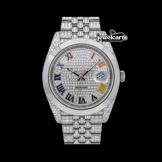 Rolex Datejust Diamond Paved Rainbow Roman Dial Smooth Bezel Fully Iced Out Jubilee Bracelet Moissanite Watch Front View