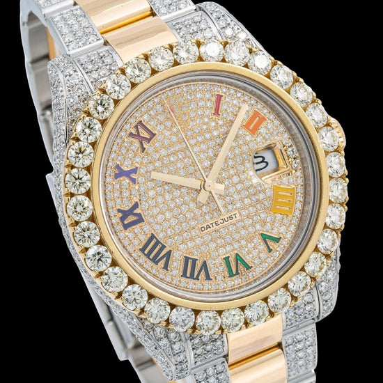 Rolex Datejust Diamond Paved Rainbow Roman Dial Yellow Gold Two Tone Oyster Bracelet Moissanite Watch Close Up Dial View