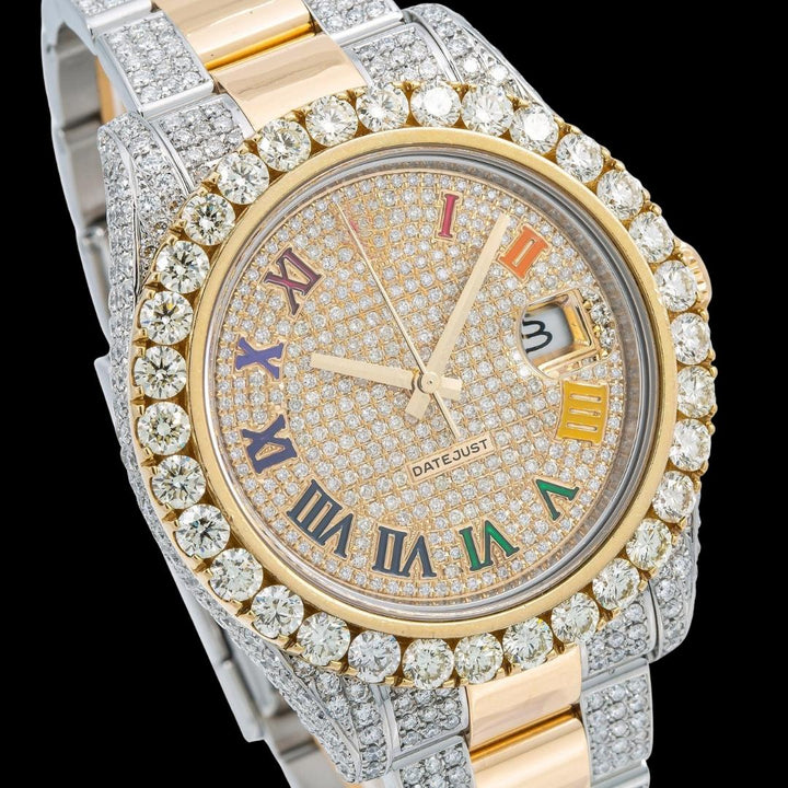 Rolex Datejust Diamond Paved Rainbow Roman Dial Yellow Gold Two Tone Oyster Bracelet Moissanite Watch Close Up Dial View