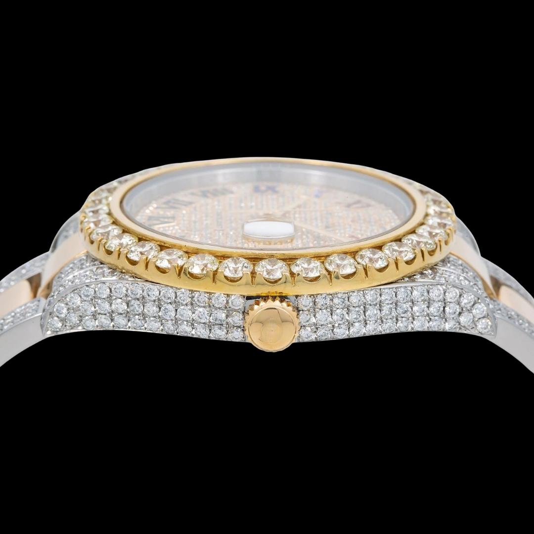 Rolex Datejust Diamond Paved Rainbow Roman Dial Yellow Gold Two Tone Oyster Bracelet Moissanite Watch Crown View