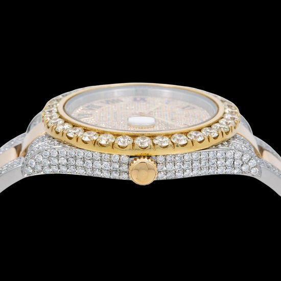 Rolex Datejust Diamond Paved Rainbow Roman Dial Yellow Gold Two Tone Oyster Bracelet Moissanite Watch Crown View