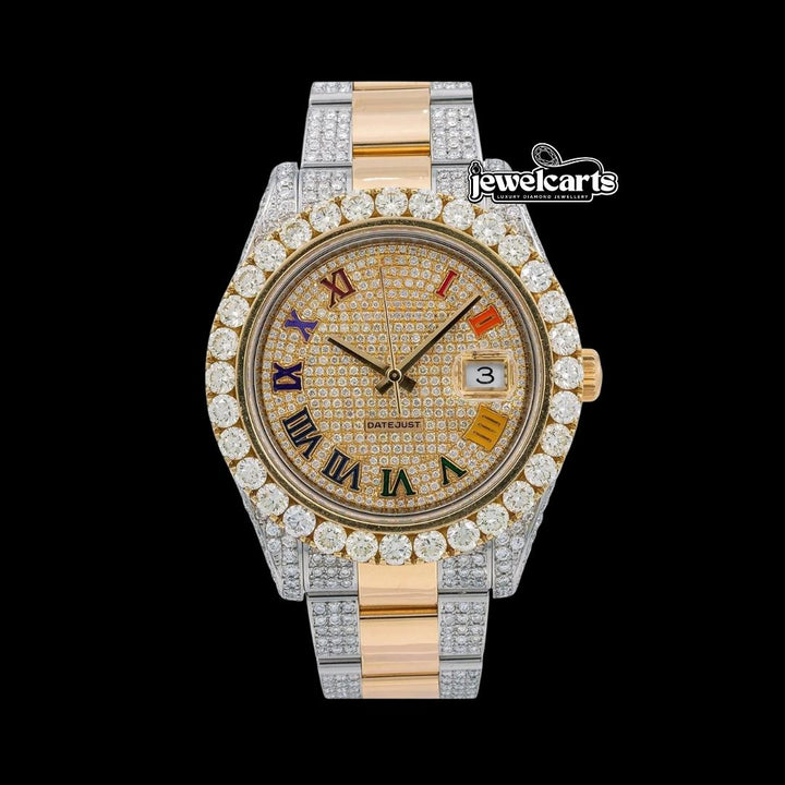 Rolex Datejust Diamond Paved Rainbow Roman Dial Yellow Gold Two Tone Oyster Bracelet Moissanite Watch Front View