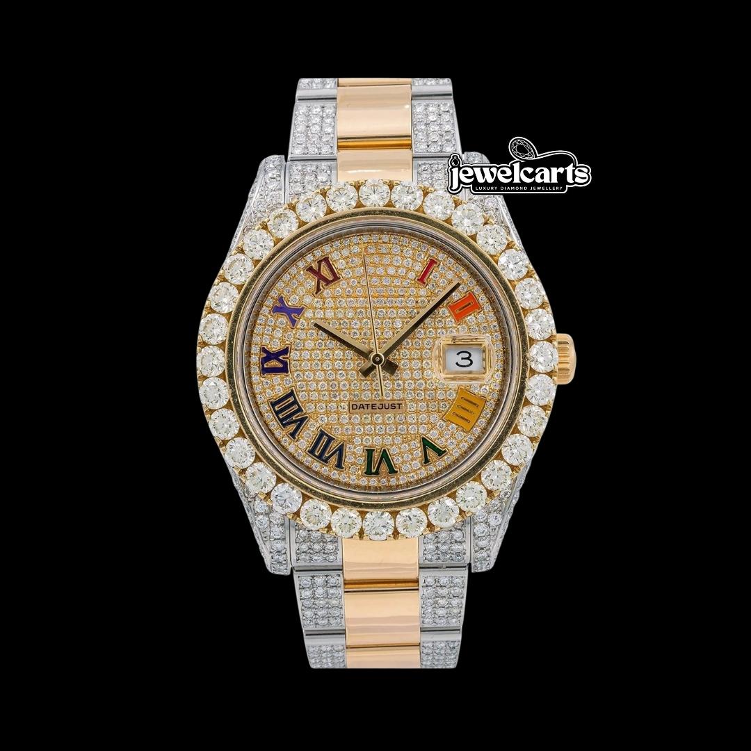 Rolex Datejust Diamond Paved Rainbow Roman Dial Yellow Gold Two Tone Oyster Bracelet Moissanite Watch Front View