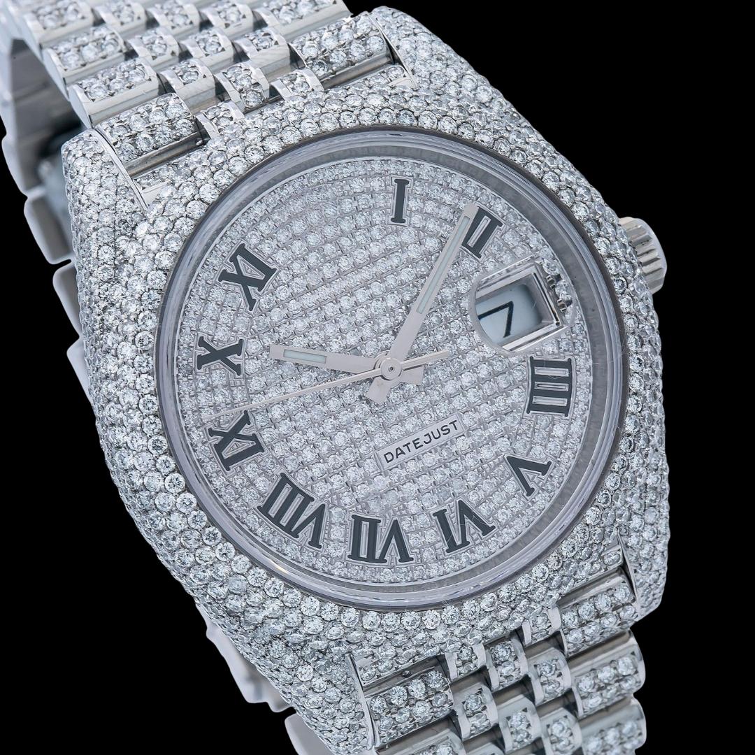 Rolex Datejust Diamond Paved Roman Dial Diamond Bezel Full Iced Out Jubilee Bracelet Moissanite Watch Close Up Dial View