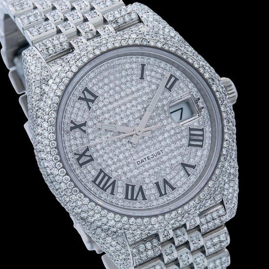Rolex Datejust Diamond Paved Roman Dial Diamond Bezel Full Iced Out Jubilee Bracelet Moissanite Watch Close Up Dial View